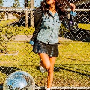 Sz M Queen of Sparkles denim jacket with sequin puff sleeves